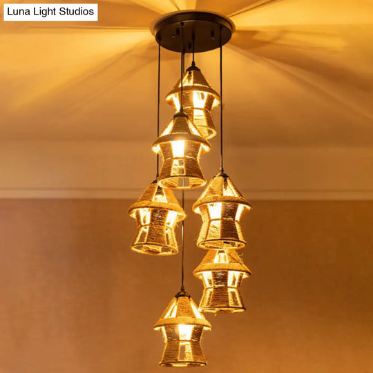 Country Cabin Pendant Lamp With Hand-Wrapped Rope Cluster And Multiple Bulbs - Brown Finish / Round