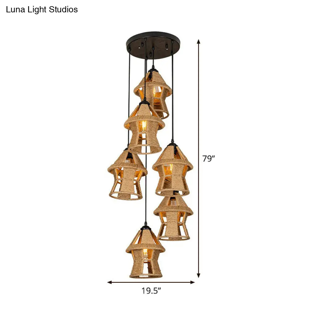 Country Cabin Pendant Lamp With Hand-Wrapped Rope Cluster And Multiple Bulbs - Brown Finish