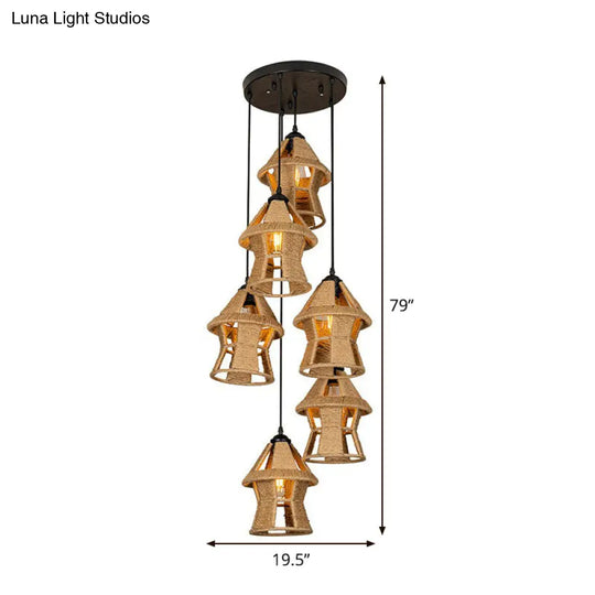 Country Cabin Pendant Lamp With Hand-Wrapped Rope Cluster And Multiple Bulbs - Brown Finish