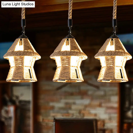 Country Cabin Pendant Lamp With Hand-Wrapped Rope Cluster And Multiple Bulbs - Brown Finish / Linear