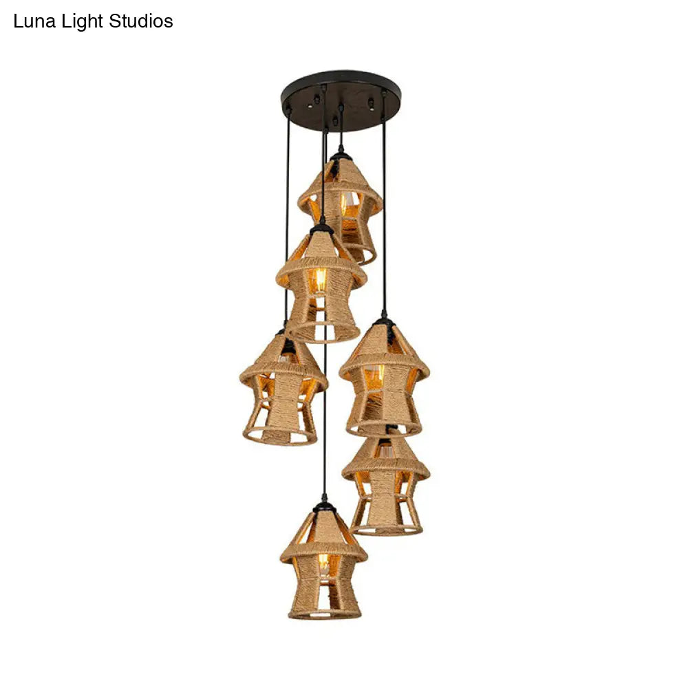 Rustic Rope Cluster Pendant Ceiling Light - Brown 3/6 Bulbs Living Room Round/Linear