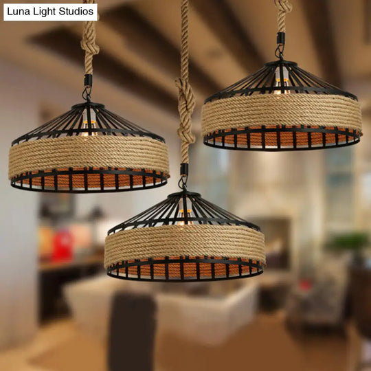 Rustic Rope 1-Light Barn Caged Pendant - Brown Hanging Light Fixture 12/16/19.5 Wide / 12