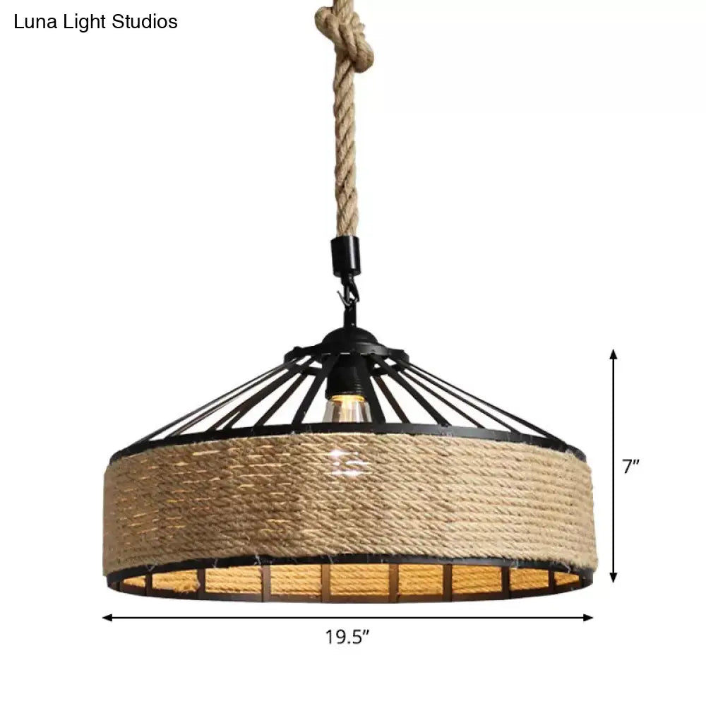Rustic Rope Hanging Pendant Light Fixture For Dining Room With Barn Caged Design - Brown 1-Light