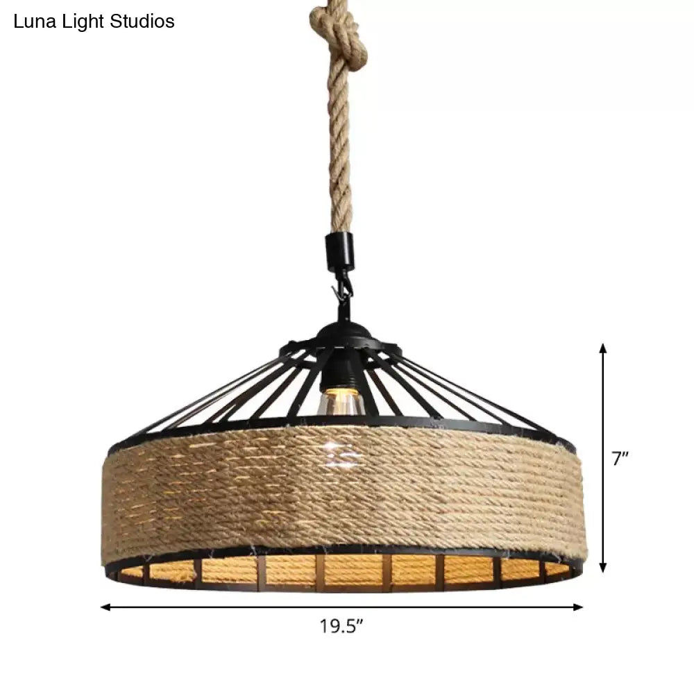 Rustic Rope 1-Light Barn Caged Pendant - Brown Hanging Light Fixture 12/16/19.5 Wide