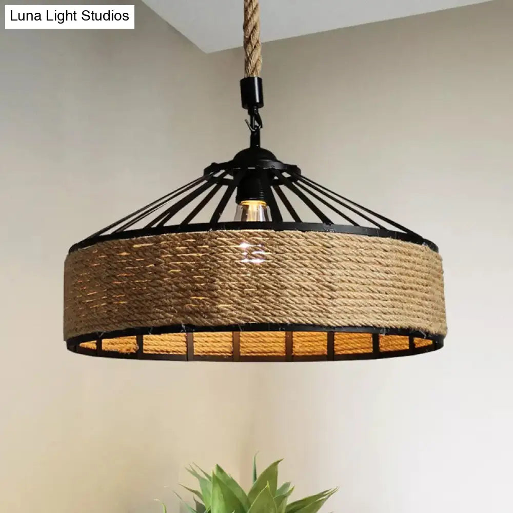 Rustic Rope 1-Light Barn Caged Pendant - Brown Hanging Light Fixture 12/16/19.5 Wide