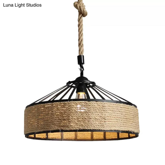 Rustic Rope 1-Light Barn Caged Pendant - Brown Hanging Light Fixture 12/16/19.5 Wide