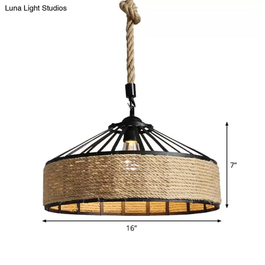 Rustic Rope Hanging Pendant Light Fixture For Dining Room With Barn Caged Design - Brown 1-Light