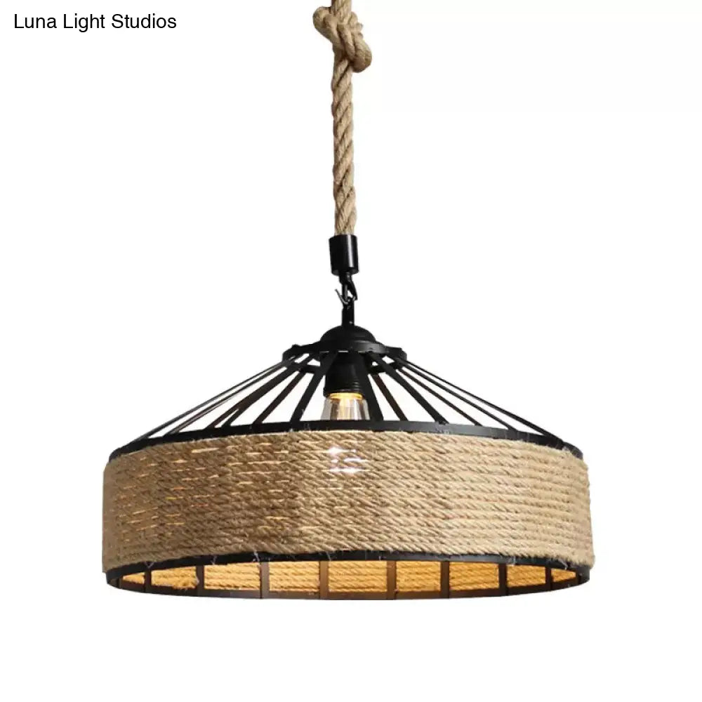 Rustic Rope Hanging Pendant Light Fixture For Dining Room With Barn Caged Design - Brown 1-Light