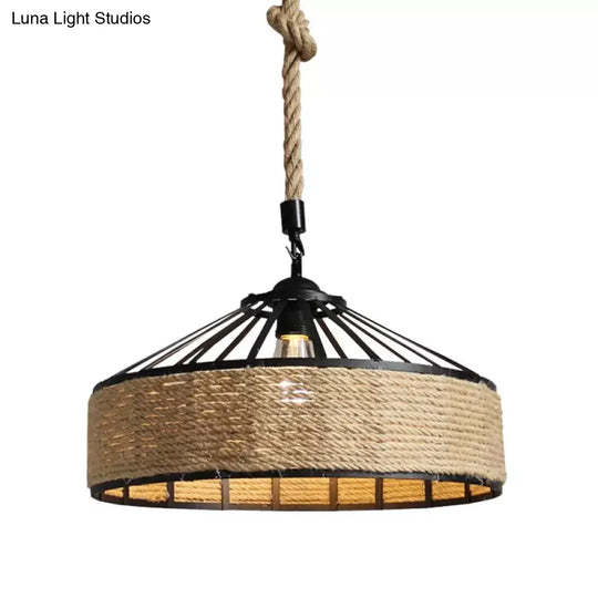 Rustic Rope Hanging Pendant Light Fixture For Dining Room With Barn Caged Design - Brown 1-Light