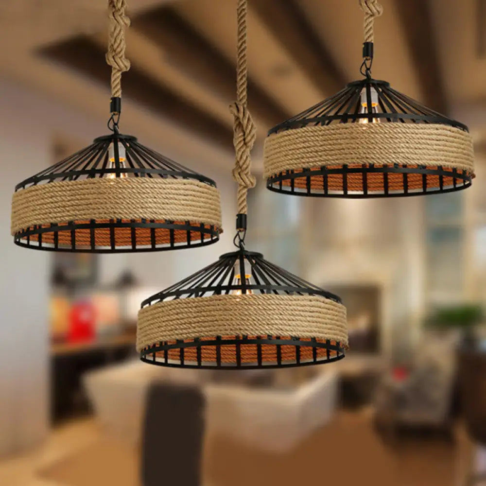 Rustic Rope Hanging Pendant Light Fixture For Dining Room With Barn Caged Design - Brown 1-Light