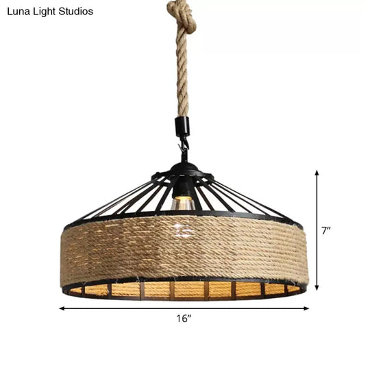 Rustic Rope 1-Light Barn Caged Pendant - Brown Hanging Light Fixture 12/16/19.5 Wide