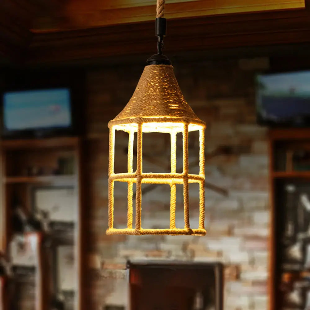 Rustic Rope Pendant Light For Dining Room - Booth Shaped Design Brown Finish Suspended Lighting