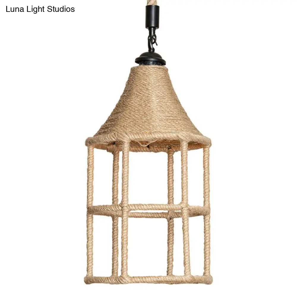Rustic Rope Pendant Light For Dining Room - Booth Shaped Design Brown Finish Suspended Lighting