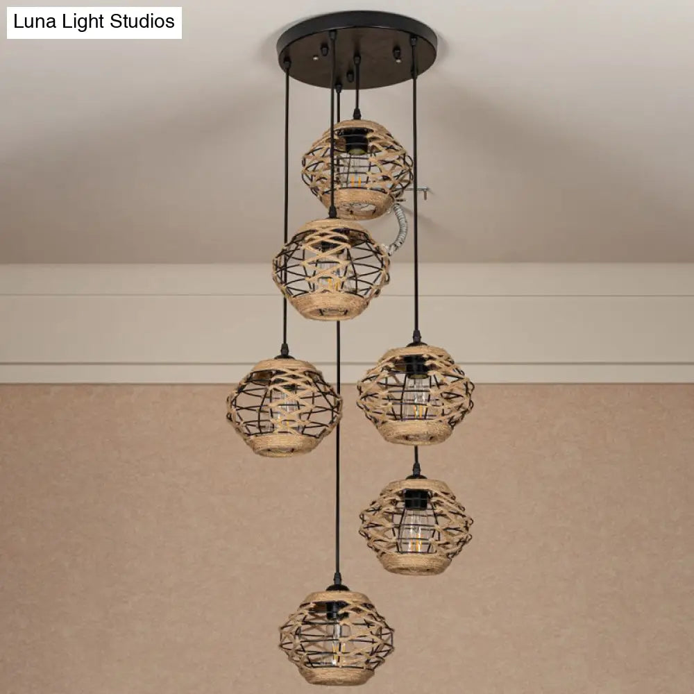 Rustic Rope Pendant Light With Elliptical Design 3/6-Light Option In Brown For Ceiling Decoration!