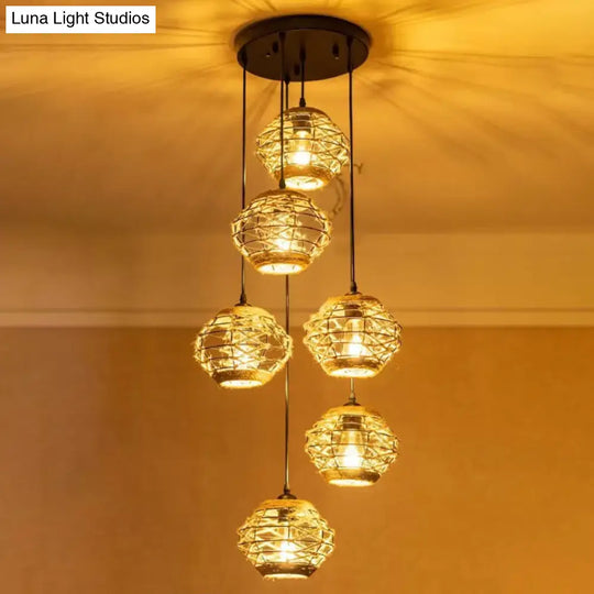 Rustic Rope Pendant Light With Elliptical Shape - 3/6 Lights Brown Round/Linear Canopy / Round