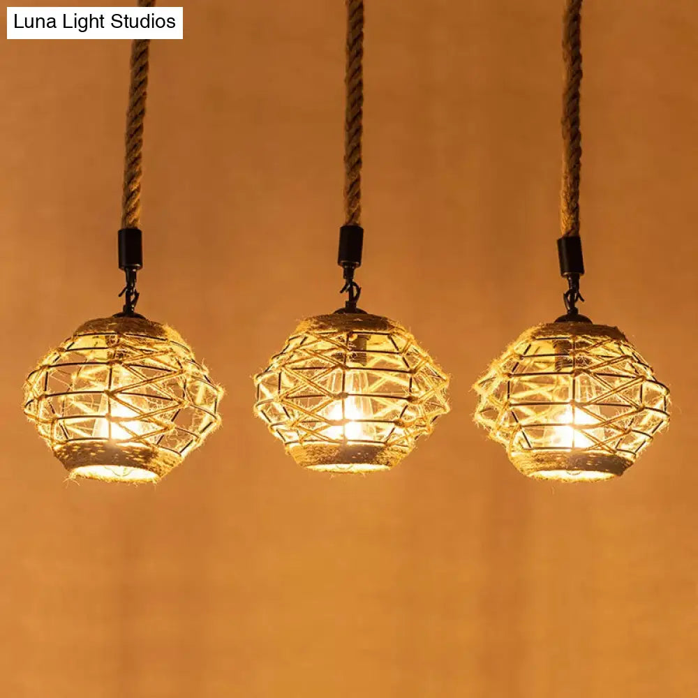 Rustic Rope Pendant Light With Elliptical Shape - 3/6 Lights Brown Round/Linear Canopy