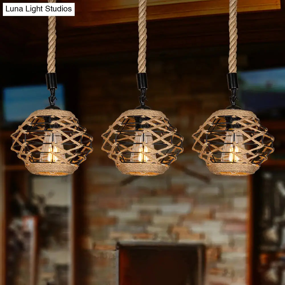 Rustic Rope Pendant Light With Elliptical Shape - 3/6 Lights Brown Round/Linear Canopy / Linear