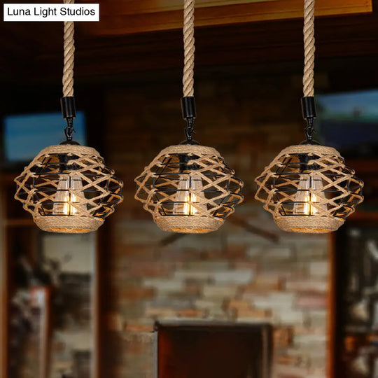 Rustic Rope Pendant Light With Elliptical Shape - 3/6 Lights Brown Round/Linear Canopy / Linear