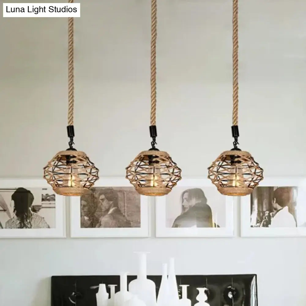 Rustic Rope Pendant Light With Elliptical Shape - 3/6 Lights Brown Round/Linear Canopy