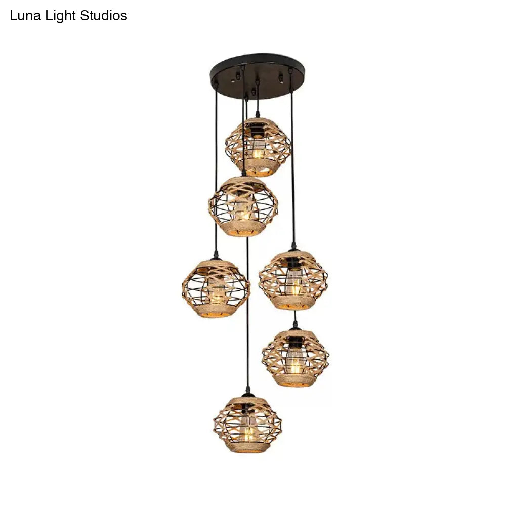 Rustic Rope Pendant Light With Elliptical Shape - 3/6 Lights Brown Round/Linear Canopy