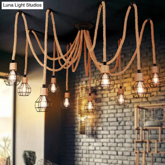 Rustic Rope Pendant Light With Spherical Cage Design - 6/10 Lights Brown Bistro Swag Lamp 10 /