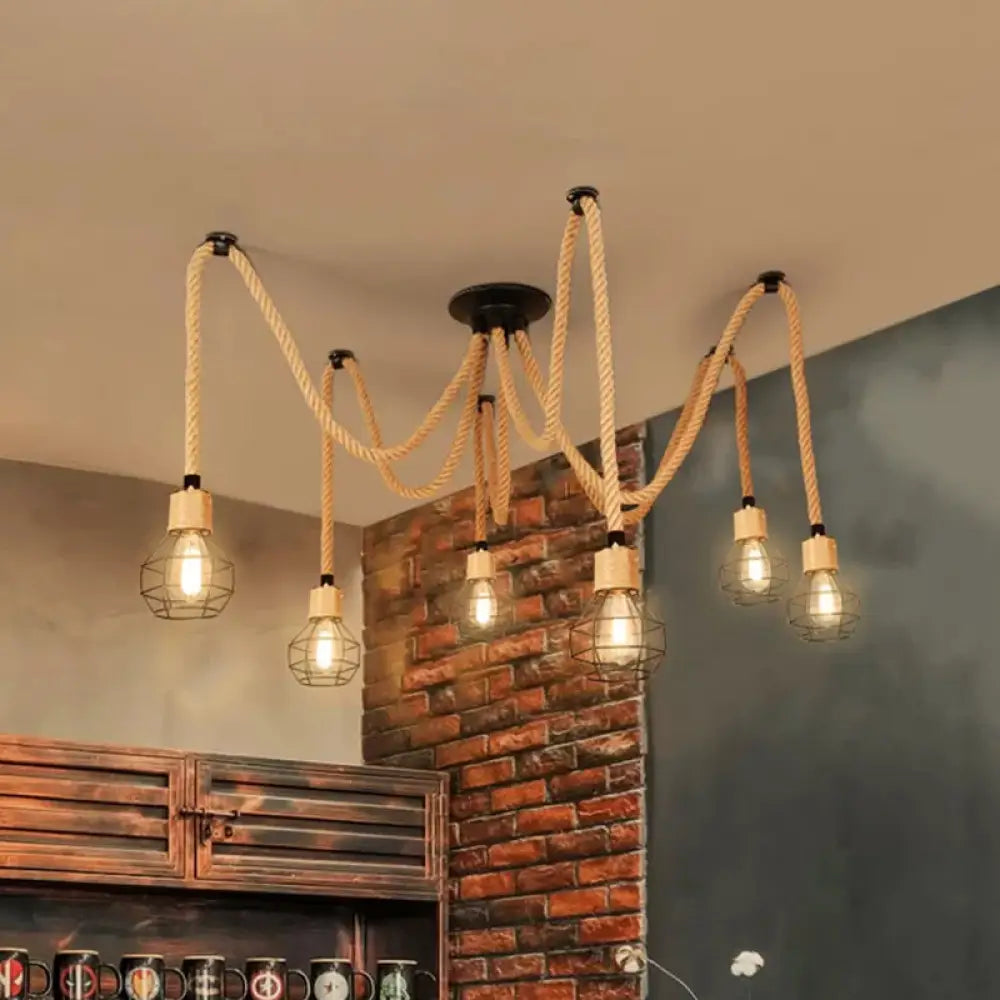 Rustic Rope Pendant Light With Spherical Cage - 6/10 Lights Brown Bistro Swag Lamp 6 /