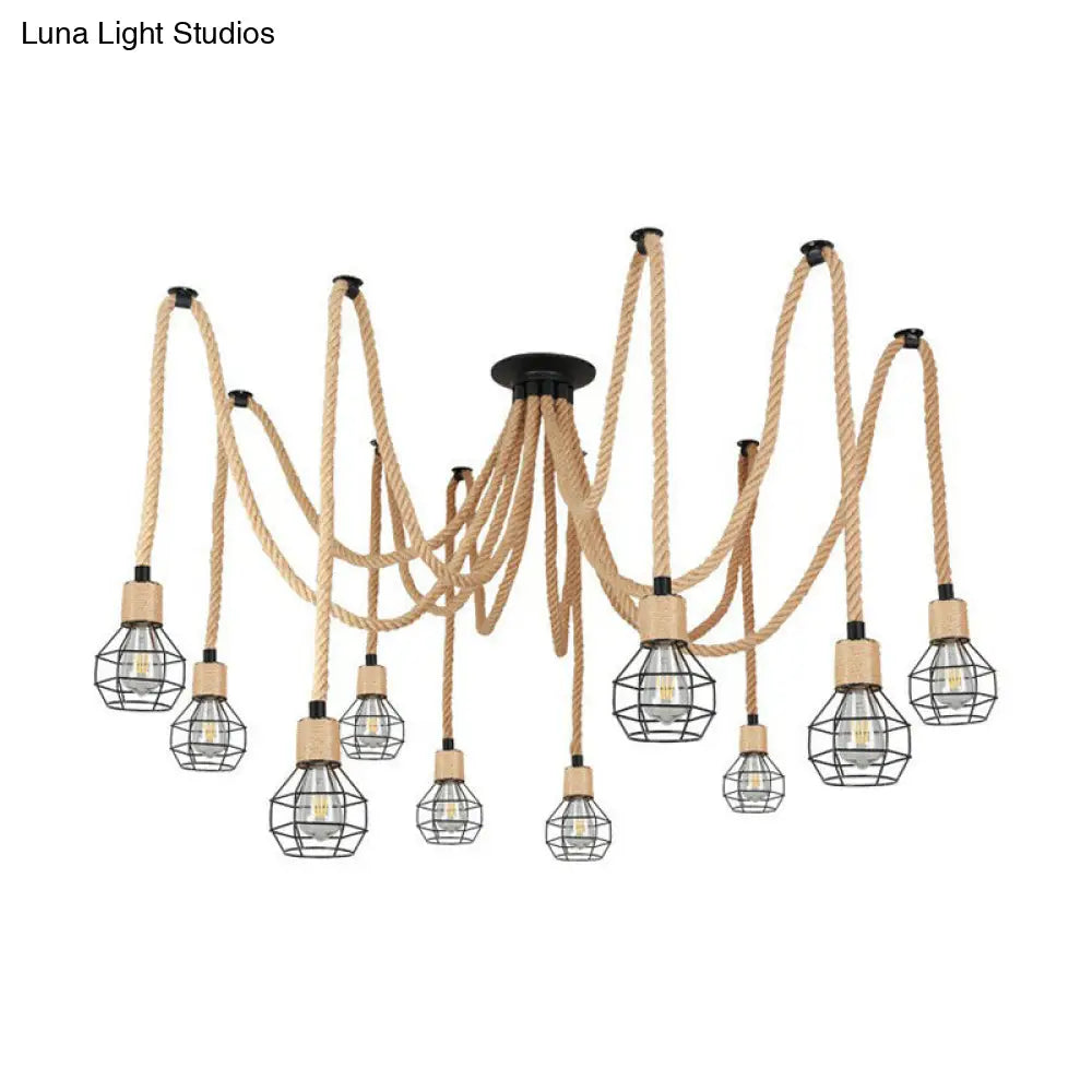 Rustic Rope Pendant Light With Spherical Cage Design - 6/10 Lights Brown Bistro Swag Lamp