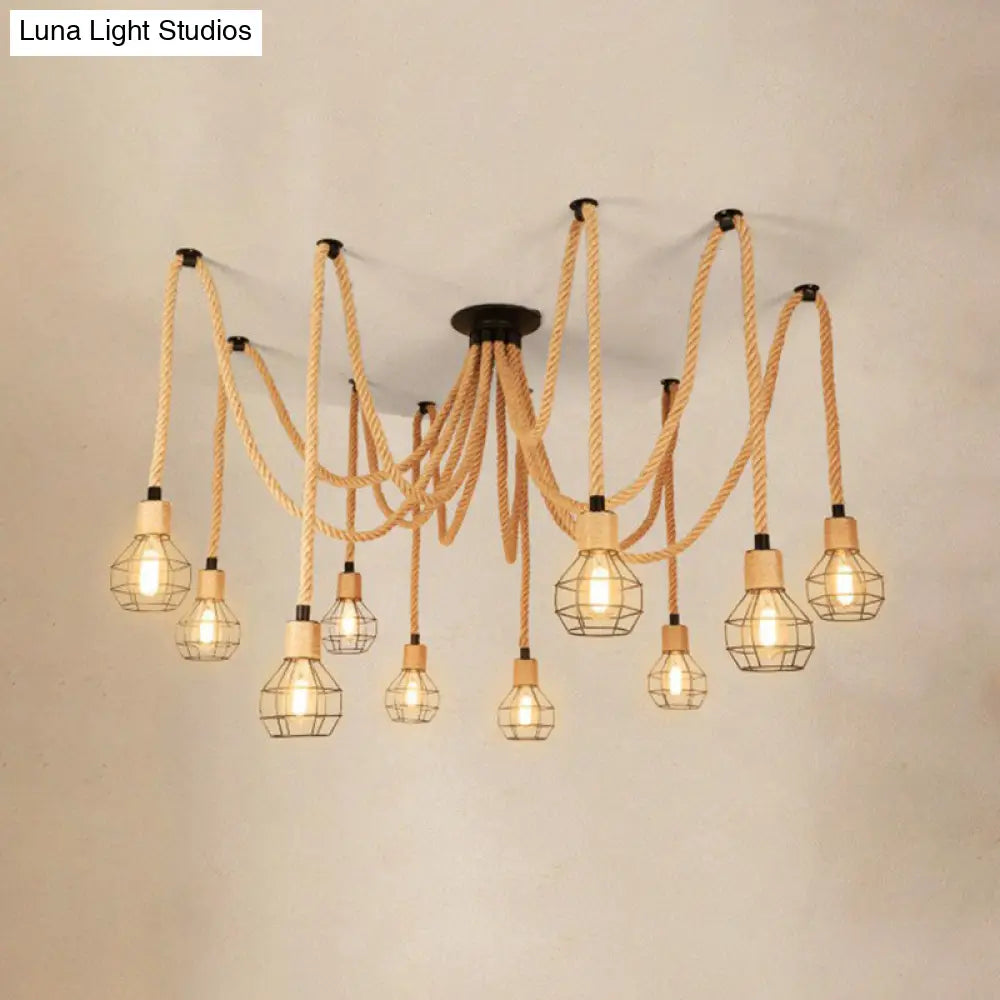 Rustic Rope Pendant Light With Spherical Cage - 6/10 Lights Brown Bistro Swag Lamp