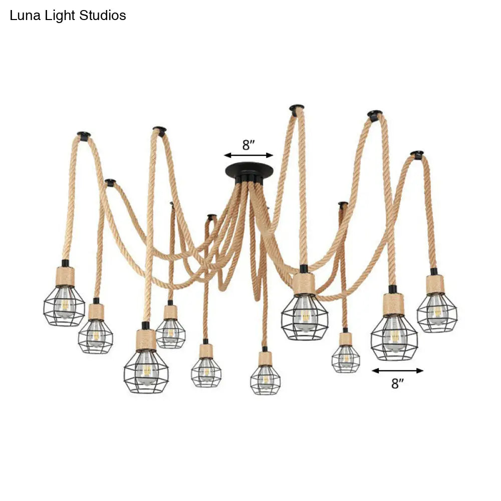 Rustic Rope Pendant Light With Spherical Cage Design - 6/10 Lights Brown Bistro Swag Lamp