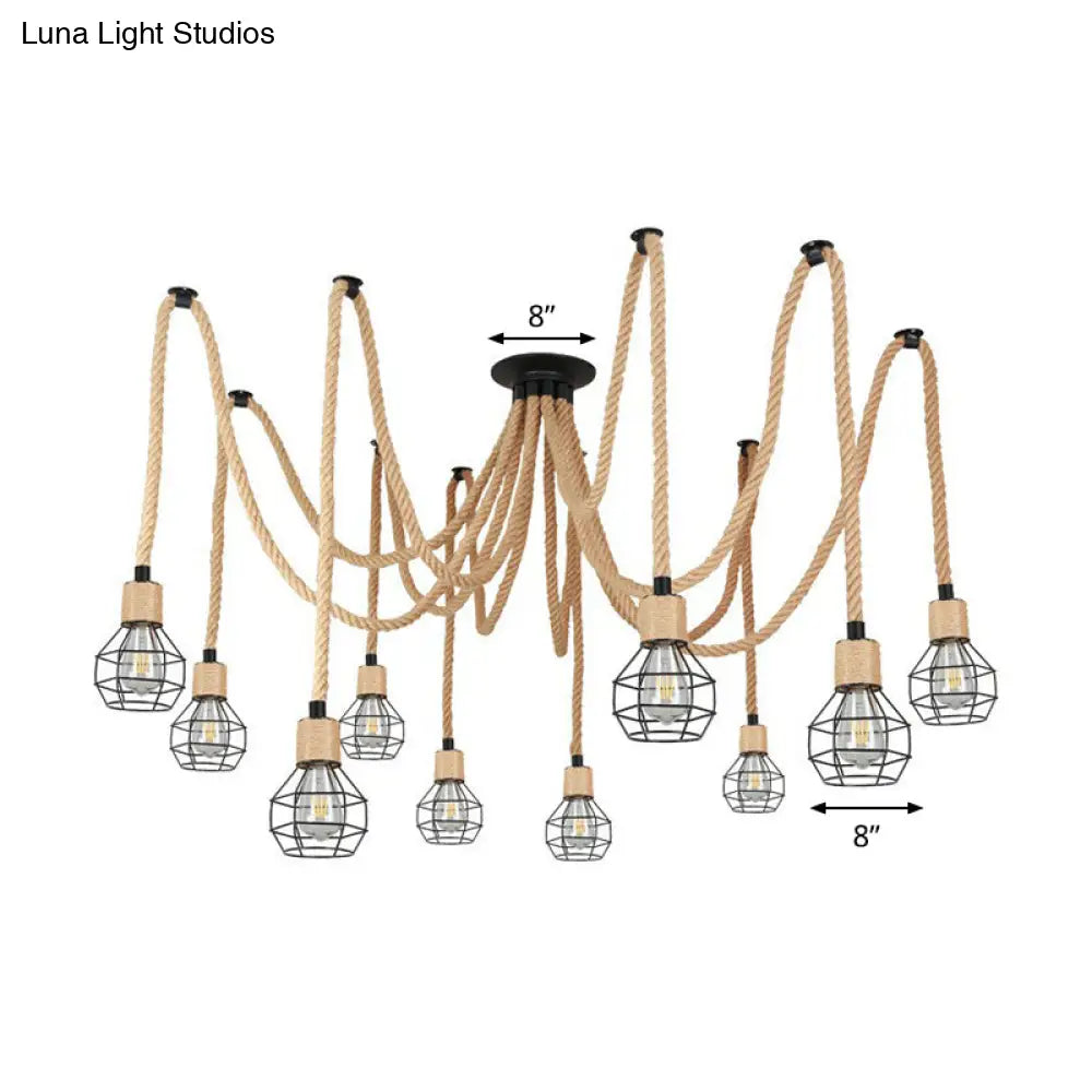 Rustic Rope Pendant Light With Spherical Cage - 6/10 Lights Brown Bistro Swag Lamp