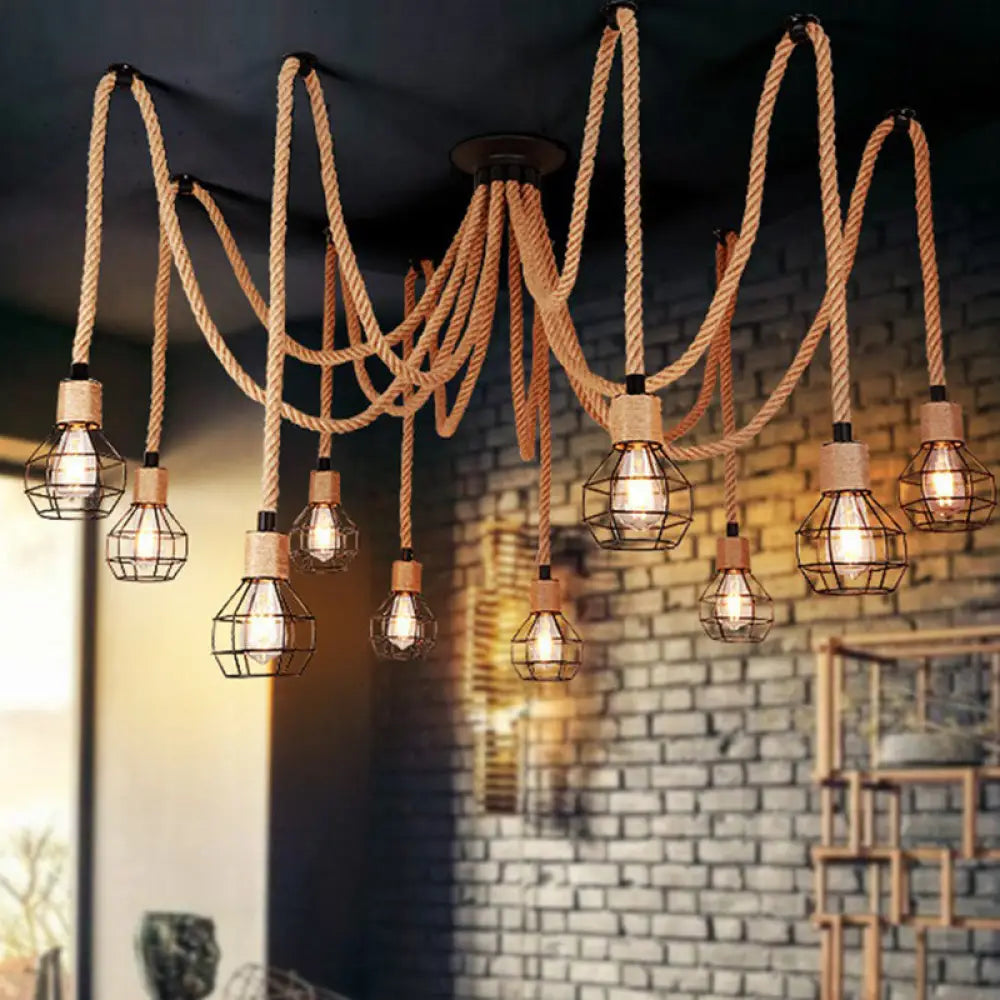 Rustic Rope Pendant Light With Spherical Cage - 6/10 Lights Brown Bistro Swag Lamp 10 /