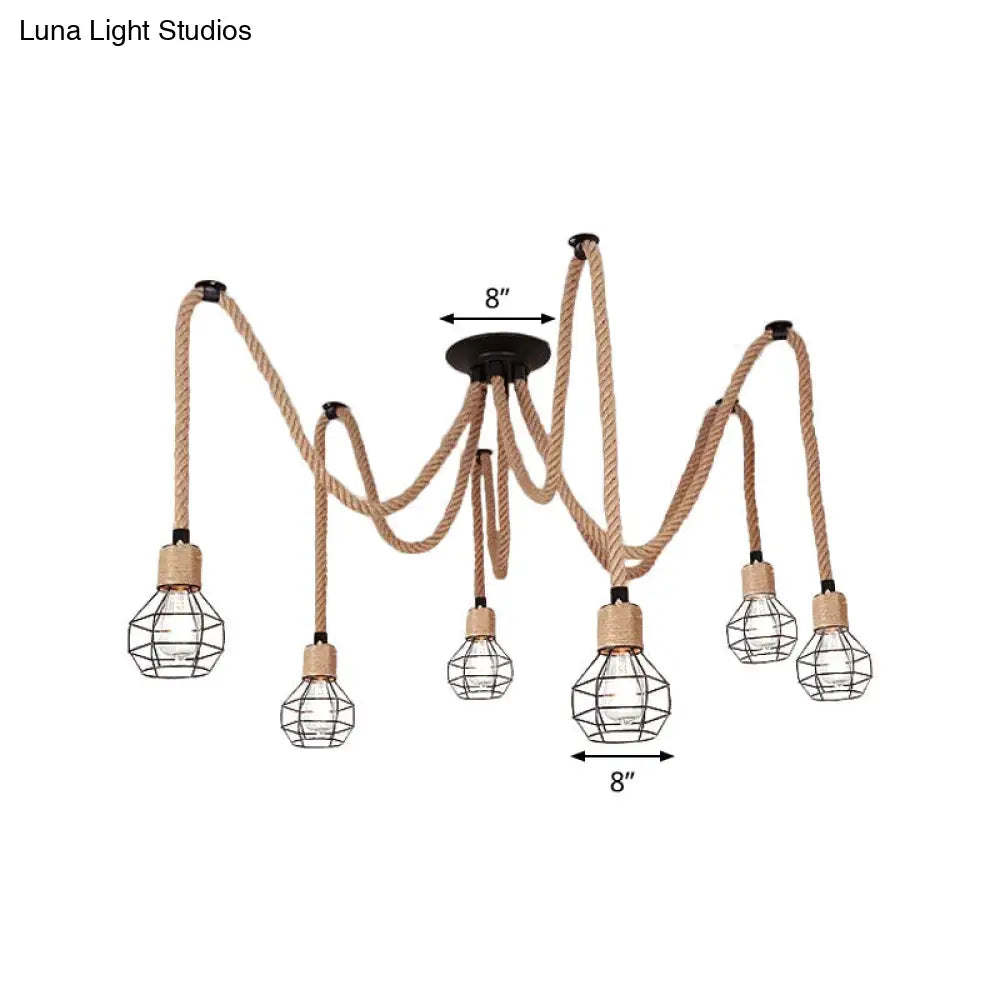 Rustic Rope Pendant Light With Spherical Cage Design - 6/10 Lights Brown Bistro Swag Lamp