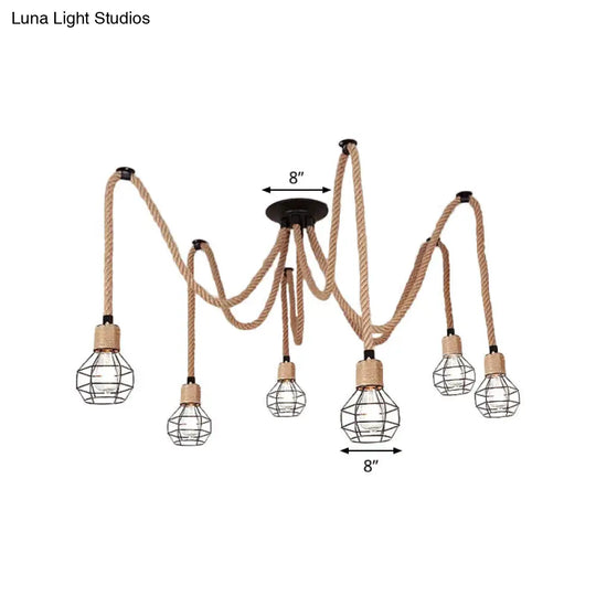 Rustic Rope Pendant Light With Spherical Cage Design - 6/10 Lights Brown Bistro Swag Lamp