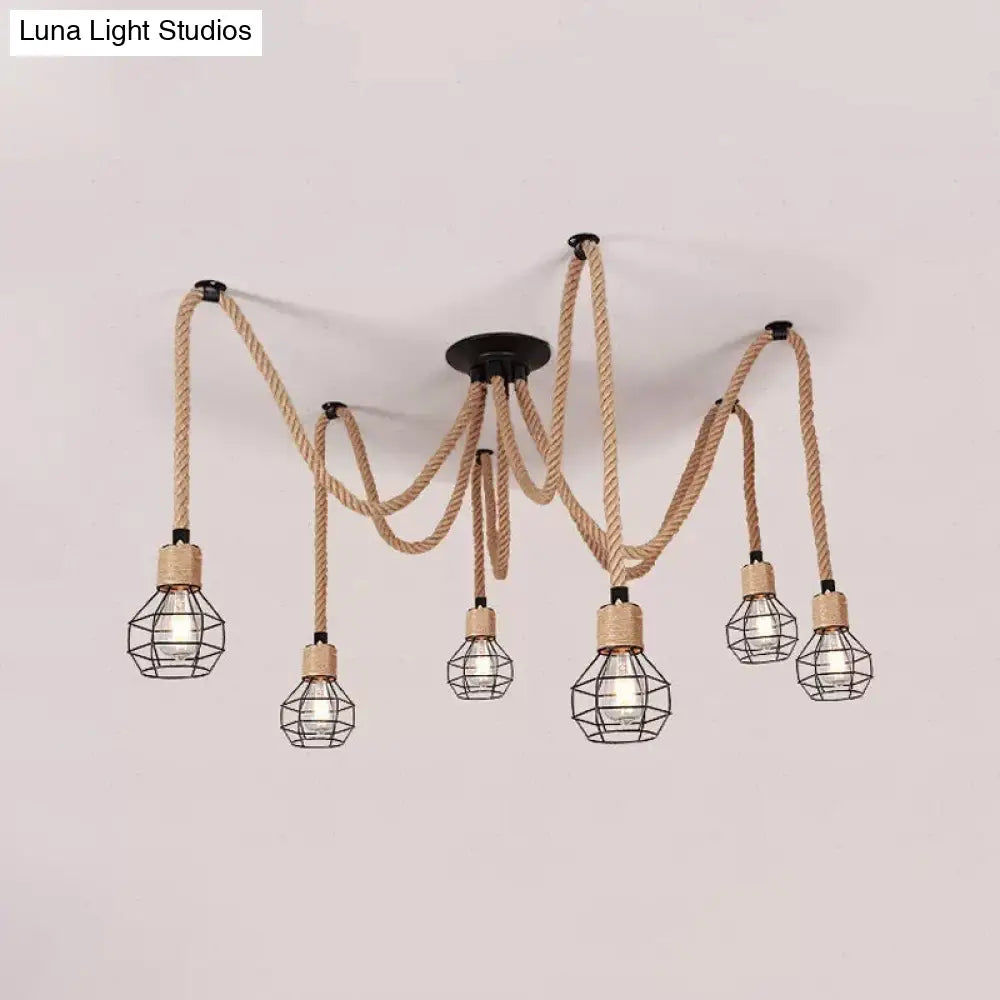 Rustic Rope Pendant Light With Spherical Cage Design - 6/10 Lights Brown Bistro Swag Lamp