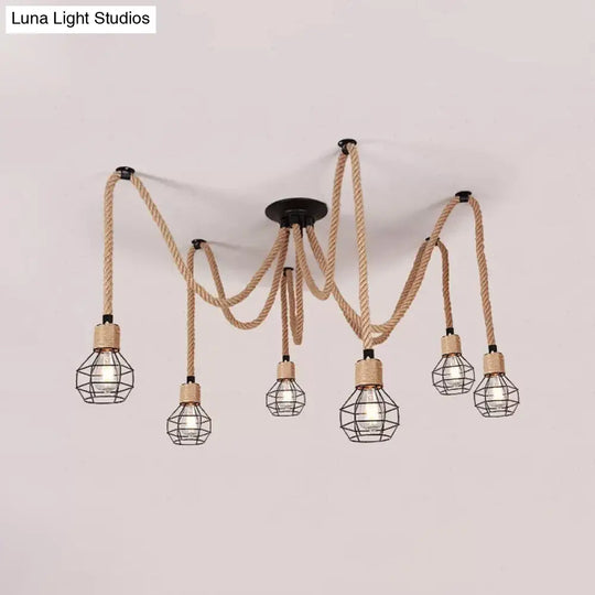 Rustic Rope Pendant Light With Spherical Cage Design - 6/10 Lights Brown Bistro Swag Lamp