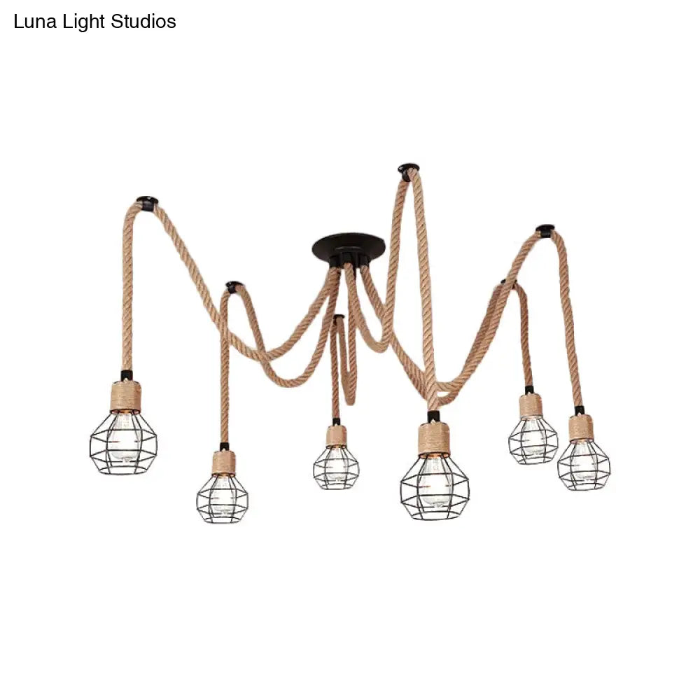 Rustic Rope Pendant Light With Spherical Cage - 6/10 Lights Brown Bistro Swag Lamp