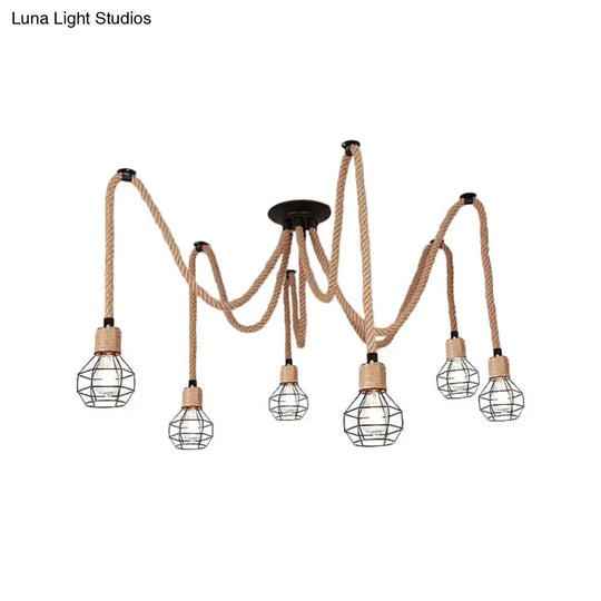 Rustic Rope Pendant Light With Spherical Cage - 6/10 Lights Brown Bistro Swag Lamp