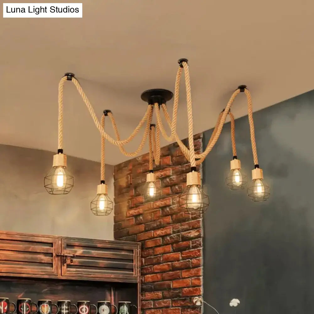 Rustic Rope Pendant Light With Spherical Cage Design - 6/10 Lights Brown Bistro Swag Lamp 6 /