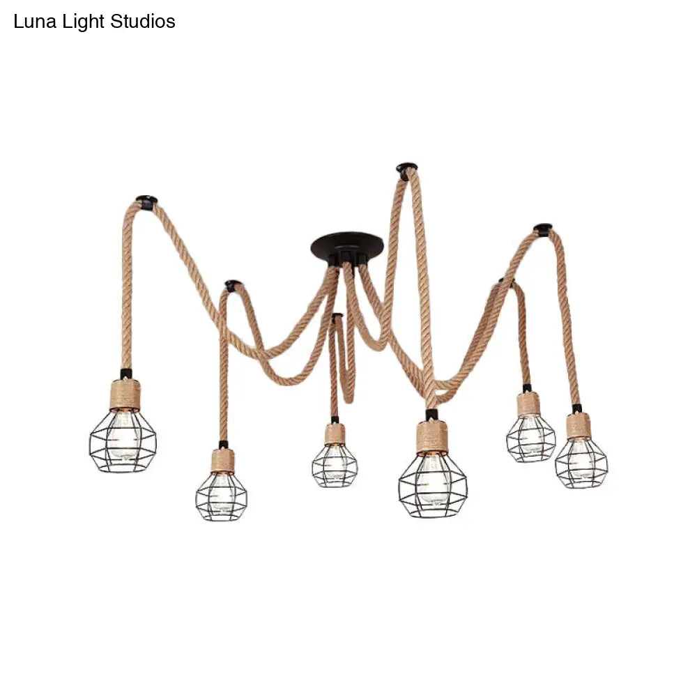 Rustic Rope Pendant Light With Spherical Cage Design - 6/10 Lights Brown Bistro Swag Lamp