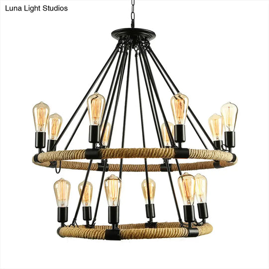 Lodge Style Roped Ring Chandelier Pendant Light With Adjustable Chain - 6/8 Heads In Black