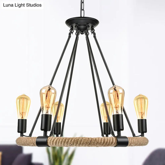 Rustic Rope Ring Chandelier - Lodge Style Pendant Light With Adjustable Chain 6/8 Heads Black