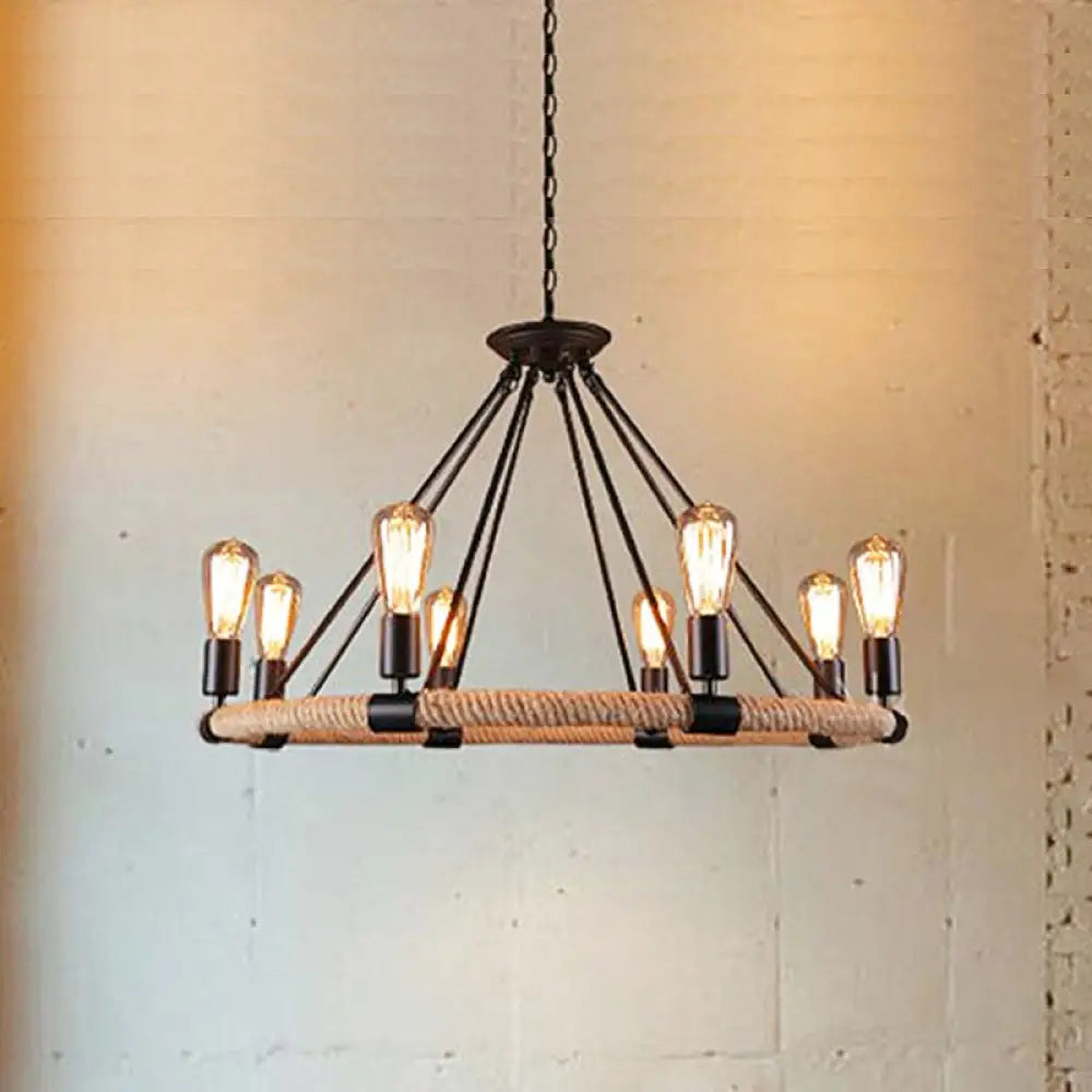 Rustic Rope Ring Chandelier - Lodge Style Pendant Light With Adjustable Chain 6/8 Heads Black 8 /