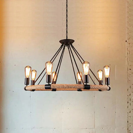 Rustic Rope Ring Chandelier - Lodge Style Pendant Light With Adjustable Chain 6/8 Heads Black 8 /