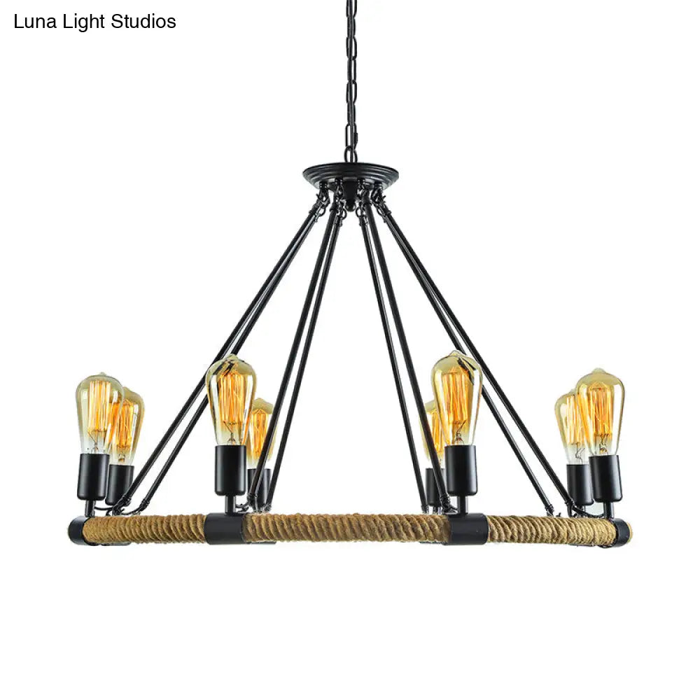 Lodge Style Roped Ring Chandelier Pendant Light With Adjustable Chain - 6/8 Heads In Black