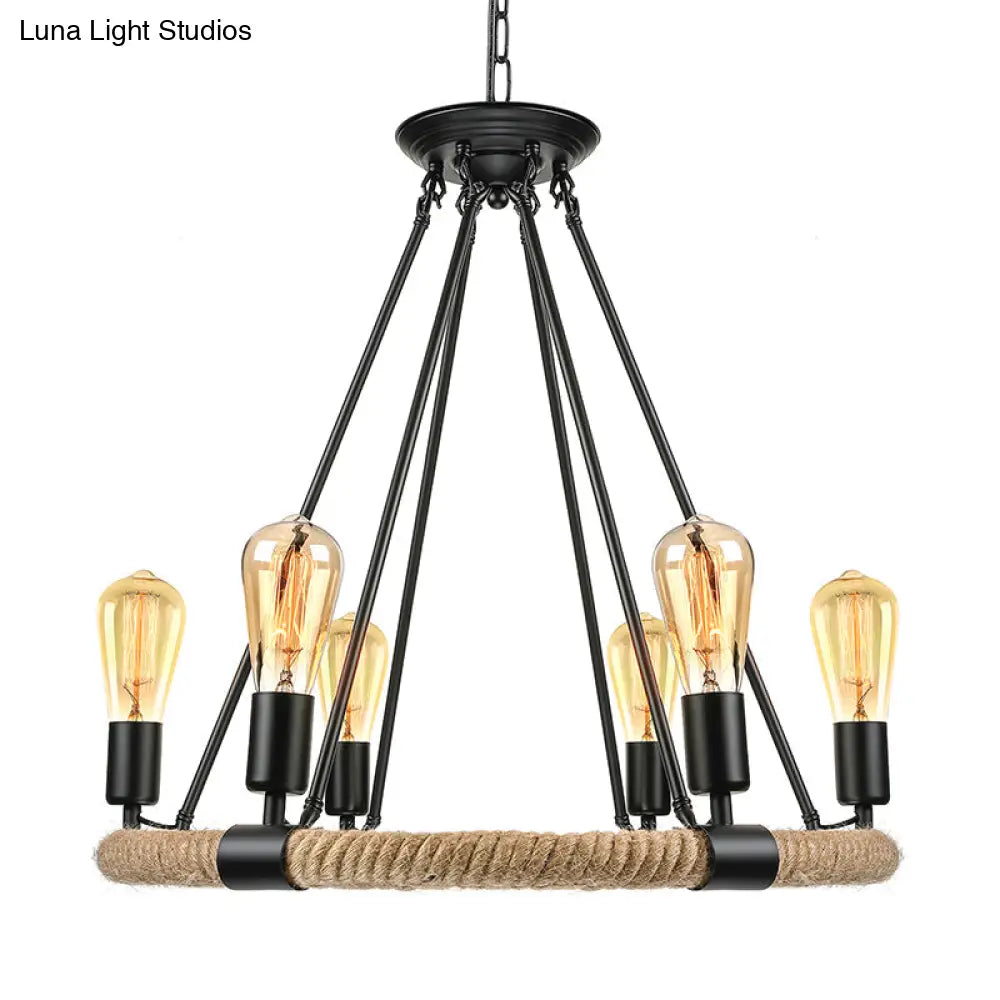 Rustic Rope Ring Chandelier - Lodge Style Pendant Light With Adjustable Chain 6/8 Heads Black