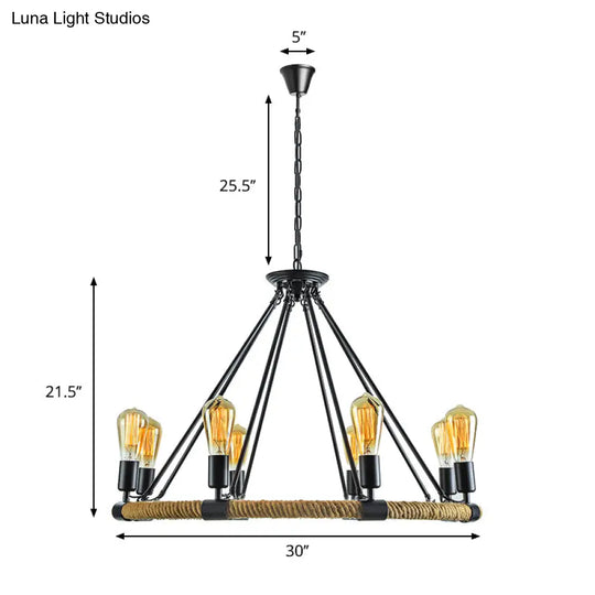 Rustic Rope Ring Chandelier - Lodge Style Pendant Light With Adjustable Chain 6/8 Heads Black