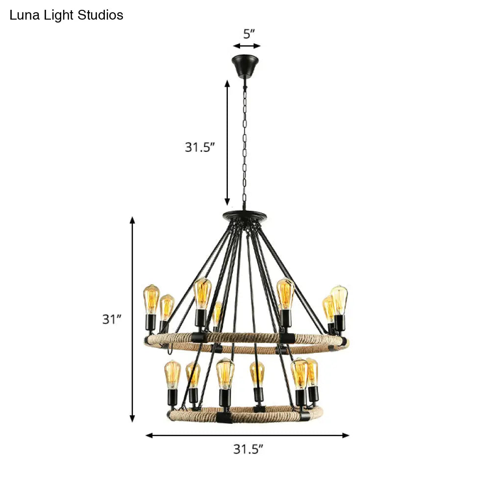 Rustic Rope Ring Chandelier - Lodge Style Pendant Light With Adjustable Chain 6/8 Heads Black