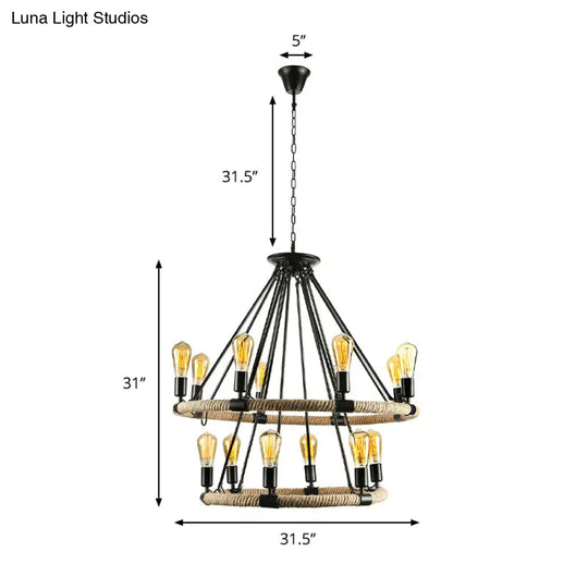 Rustic Rope Ring Chandelier - Lodge Style Pendant Light With Adjustable Chain 6/8 Heads Black