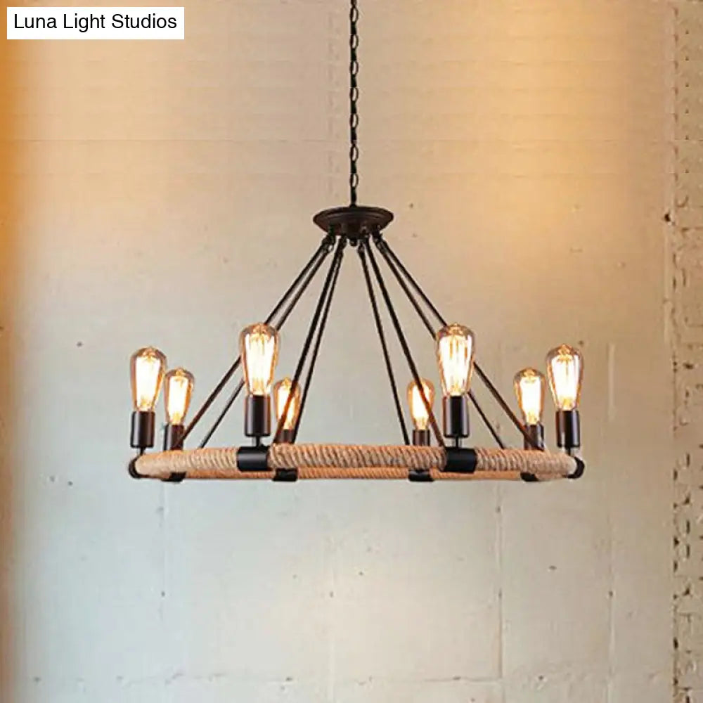 Lodge Style Roped Ring Chandelier Pendant Light With Adjustable Chain - 6/8 Heads In Black 8 /