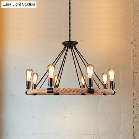 Lodge Style Roped Ring Chandelier Pendant Light With Adjustable Chain - 6/8 Heads In Black 8 /